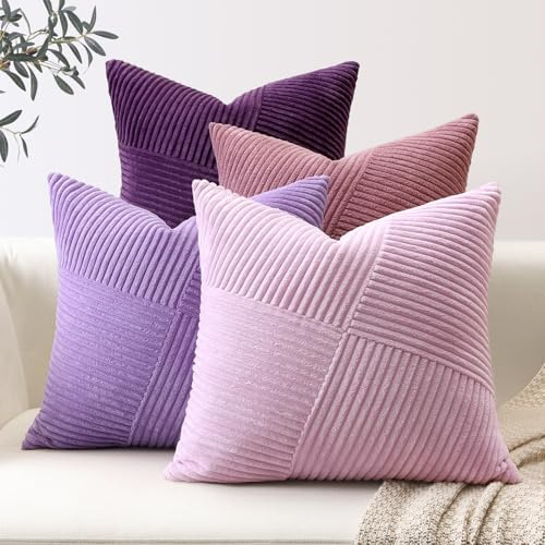 Sungeek Set di 4 Federe Cuscini 60x60 in Morbido Velluto a Coste, Fodere per Cuscini Decorativi con Motivo a Strisce e Patchwork Pinwheel Copricuscini Cuscino per Divano Letto Soggiorno, Viola