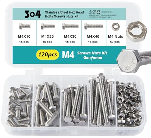 GuoYomm Set di 120 viti a testa esagonale M4, in acciaio inox 304, bulloni e dadi, viti a macchina, lunghezza: 10 mm, 20 mm, 30 mm, 40 mm