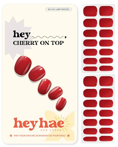 Heyhae Semi Cured Gel Nail Strips - Hey, Cherry on Top | Red Solid | Sun Cured No UV Light Needed, Salon Quality, Easy Apply & Remove | 28 Strips, Prep Pad, Nail File, Wooden Stick