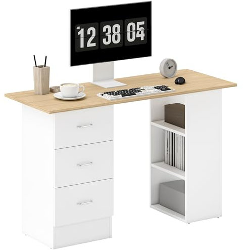 HOMCOM Computer Desk, Writing Table, PC Workstation with 3 Storage Shelves and Drawers, Silver Handle, for Home Office, Natural Wood Finish and White