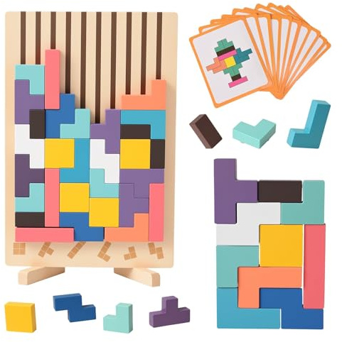 Holtrae Holzpuzzle Tetris Montessori Spielzeug ab 3-6 Jahre 3D Stapelpuzzle Lernspielzeug Holzspielzeug Gehirn Spielzeug Geometrische Blöcke zur Förderung von Konzentration Motorik Geschenk Kinder