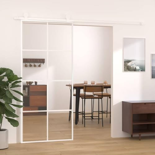 Puerta corredera de vidrio templado y aluminio, 90 x 205 cm, color blanco, ahorra espacio, translúcida para interiores, diseño moderno