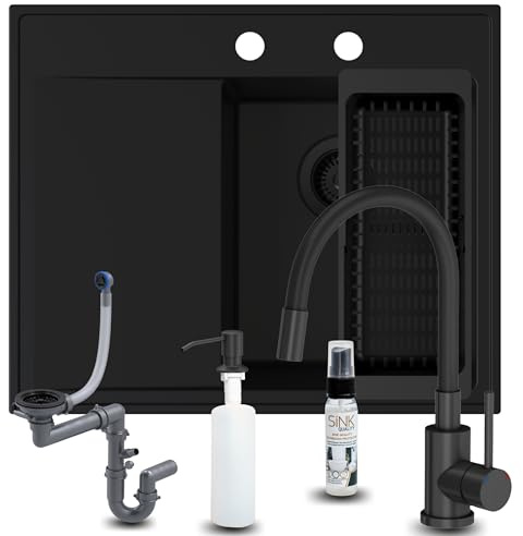 SINK QUALITY Évier complet avec robinet 60 x 50 cm - Évier de cuisine noir avec égouttoir - Avec robinet de cuisine, distributeur de savon, passoire, siphon - Évier encastrable à droite pour meuble