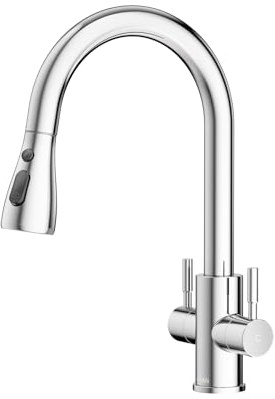 Hurran Monobloc Dual Lever 360°Swivel Chrome Kitchen Sink Mixer Tap with Pull Down Sprayer, UK Standard 1 Hole Deck Mount Design