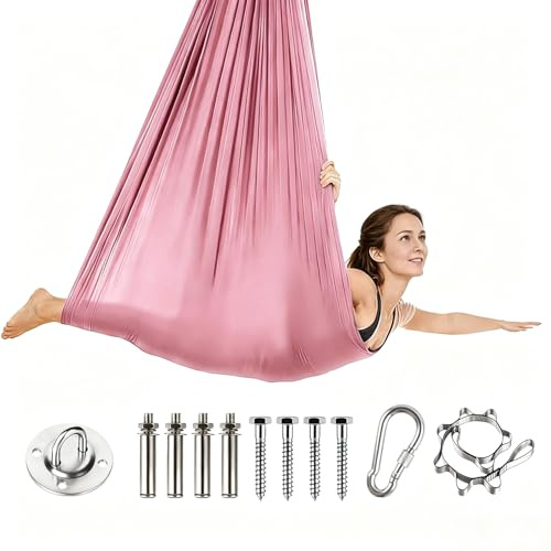 Aerial Yoga Hängematte Set mit Vollständiger Installations Hardware, Erwachsene Aerial Swing Air Fliegen Schaukel Hammock Swing 280x150cm, Ideal für Indoor und Anti-Gravity Übungen (Rosa)