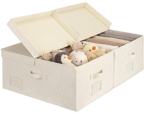 StorageWorks Extra Large Storage Boxes with Lids, 55L Fabric Storage Boxes with Lids and Divider Board, Heavy Duty Storage Baskets with Lids for Clothes, Bedroom Organiser, Beige, 2-Pack
