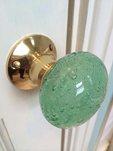 Beautiful Pair of Large Contemporary/Retro Round Mint Green Smooth Bubble Glass Brass Mortice Door Knobs/Handles PL