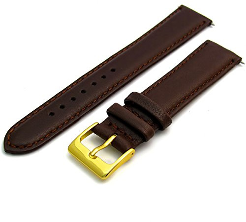 Soft Genuine Leather Watch Strap Band 18mm, Brown, Gilt (Gold Colour) Buckle