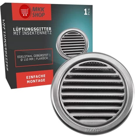 MKK Wetterschutz Lamellen Edelstahl Lüftungsgitter Ø 110 mm Zuluft Abluft rund mit Insektennetz Garage Küche Bad Wand Lufthaube