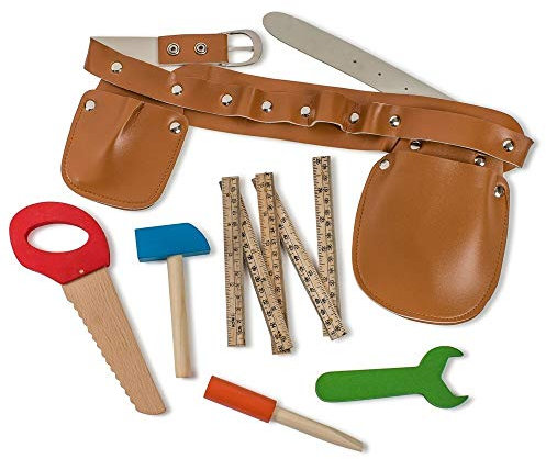 Dress Up America Konstruktion Fünf-Holz-Spielset enthält: Hammer, Klapplineal, Flachkopfschraubendreher, Schraubenschlüssel, Handsäge und Werkzeuggürtel