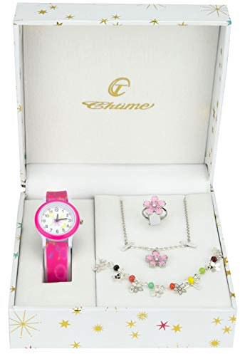 BELLOS Geschenkset Mädchen Armbanduhr Rosa- Schmuck Set Gänseblümchen- Halskette-Ring- Armband