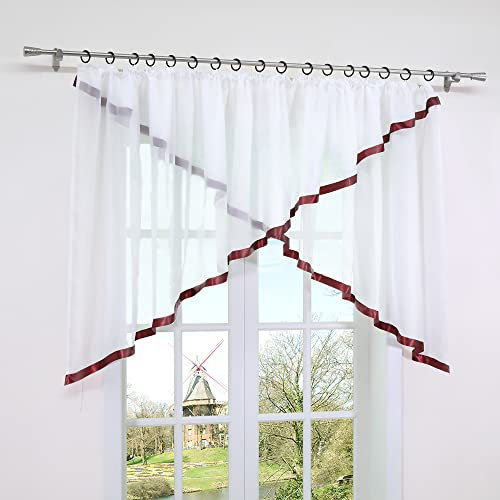 HongYa Kräuselband Kuvertstore Transparenter Voile Gardine mit Satinbänder H/B 100/300 cm Bordeaux