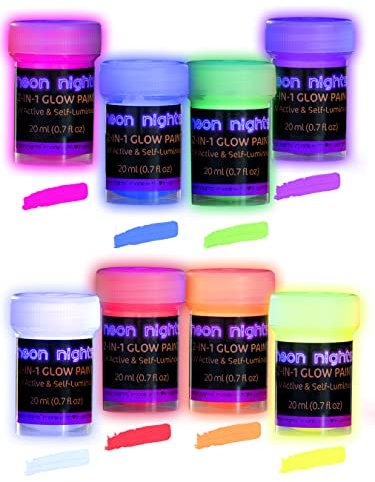 2-IN-1 Nachleuchtende Glow Farben | Glow in the Dark Farbe | Phosphoreszierende Farbe für knalligen Leuchteffekt | 8 x 20 ml Leuchtfarben Set | Ideal für Kunst und DIY-Projekte