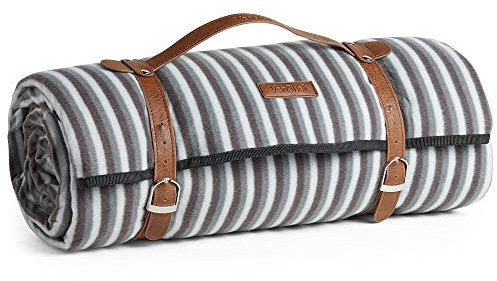 VonShef Picnic Blanket, Black, Grey & White Striped Large Outdoor Rug with Waterproof Backing, 8 Person Weatherproof Picnic Mat with Faux Leather Handle, Water Resistant Camping Accessories, 200x220cm