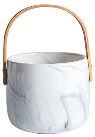 Ice Cube Container with Wooden Handle, Ceramic ice Bucket, Marble Texture, Beer, Juice, Champagne Cooler, 1.3L