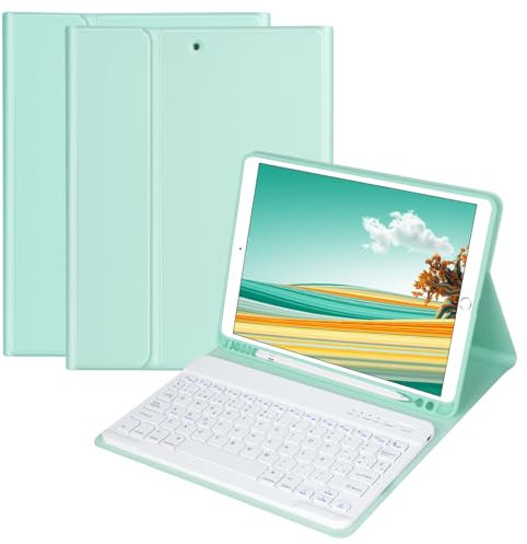 HOTLIFE Funda con Teclado para iPad 10.2 9th Gen 2021/iPad 8th 2020/iPad 7th 2019, Español Ñ con Inalámbrico Desmontable Teclado (QWERTY) para iPad Pro 10.5 2017/iPad Air 3 2019(Verde Menta)