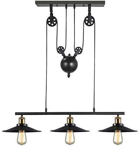 iDEGU 3-flammig Hängelampe Industrielle Pendelleuchte mit Riemenscheibe System Vintage Hängeleuchte 26cm Lampenschirm Schwarz Deckenleuchte für Esszimmer Küche Restaurant Wohnzimmer