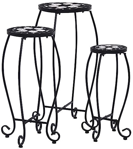 vidaXL 3X Mosaik Tisch Bistrotisch Blumenständer Blumenhocker Balkontisch Beistelltisch Blumensäule Gartentisch Schwarz Weiß Keramik