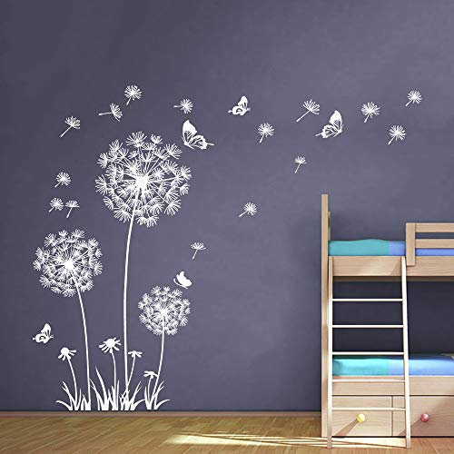 Runtoo Wandtattoo Pusteblume Weiß Wandsticker Schmetterling Wandaufkleber Kinderzimmer Wohnzimmer Schlafzimmer