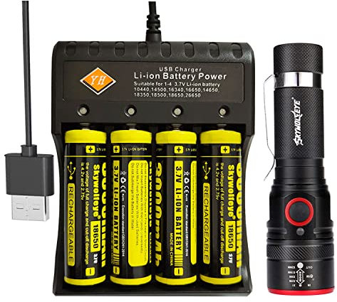 VISVIC 2000LM 3-Mode Zoomable Flashlight, 4-Slot Universal Battery Charger with Four 3.7V Rechargeable Batteries, Ideal for Outdoor Activities