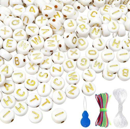 TOAOB 1000 Pezzi Perline Lettere per Braccialetti 4x7 mm Bianco Oro Rotondo Acrilico Alfabeto Perle Beads e 2 Stili di Filo Elastico per Collane Bigiotteria Fai da Te Phone Catene Portachiavi