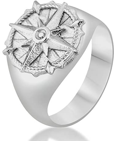 Akitsune Guidance Ring | Kompass Karte Nord Nautisch Ring Herren Edelstahl Designer Antik-Silber - US 11