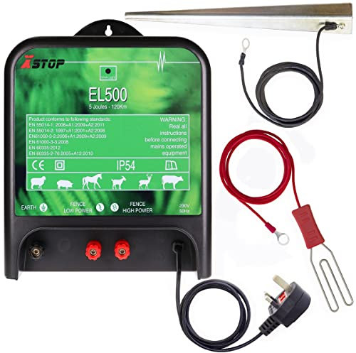 230v Mains Powered Weatherproof Electric Fence Energiser X-Stop EL500 5 Joule High Output 120Km Range for Strip Grazing Horses, Cattle and other Animals