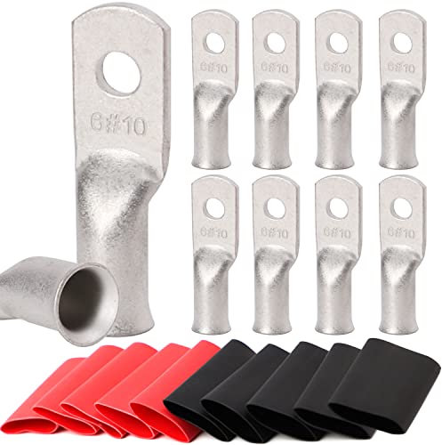 TKDMR 10pcs 6 Awg-#10 Ring Marine Grade Copper Wire Lugs,with 3:1 Heat Shrink Tubing,UL Battery Cable Ends,Heavy Duty Cable Lugs,Tinned Copper Eyelets,Tubular Ring Terminals