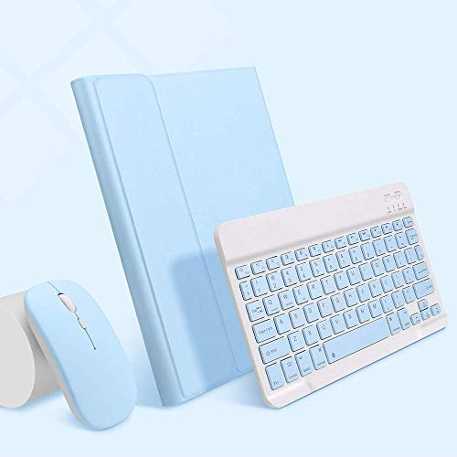 PboyiqiS Keyboard Case for iPad 9th/8th/7th Gen with Mouse, iPad Air 3/Pro 10.5 Pencil Holder, Detachable Wireless Bluetooth Keyboard Mouse Set, Sky Blue