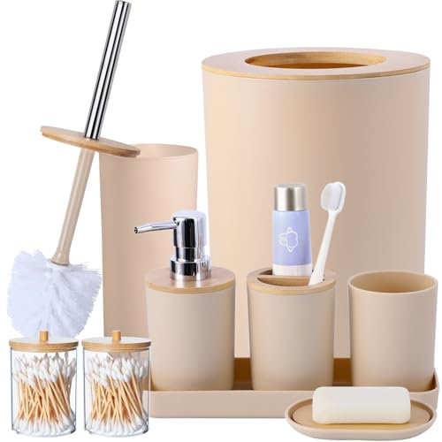 SLDIYWOW Badzubehör-Set, 9-teiliges Badzubehör mit Tablett, Mülleimer, Lotionsflaschen, Zahnbürstenhalter, Zahnbürstenbecher, Seifenschale, WC-Bürste und Q-Tip-Haltern für Badezimmer