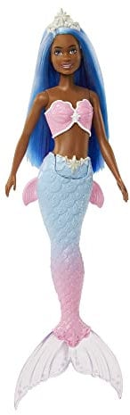 Barbie Dreamtopia Rainbow Magic Mermaid, Schwarze Meerjungfrau mit blauen Haaren, weißer Krone, Blauer und rosa Meerjungfrauen-Schwanzflosse, inkl Puppe, Geschenk für Kinder ab 3 Jahren