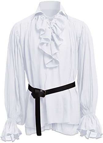 BaronHong Herren Piratenhemd Vampir Renaissance Viktorianisch Steampunk Gothic Rüschen Mittelalter Halloween Kostüm Kleidung(weiß,L)