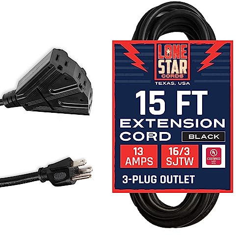 Lone Star 3 Outlet Outdoor Extension Cord 15 ft, 16/3 Weatherproof 15’ Black Extension Cord with Multiple Outlets 3 Prong, 13 Amp Heavy Duty Exterior Power Cable Multi Plugs for Landscaping & Lawn