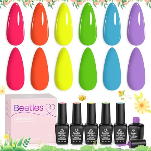 Beetles Easter Gel Nail Polish Kit, 6 Colours Spring Summer Neon Hot Pink Green Blue Purple Gel Polish Set Soak Off Nail Lamp Cured Manicure Art Gifts for Women Girls