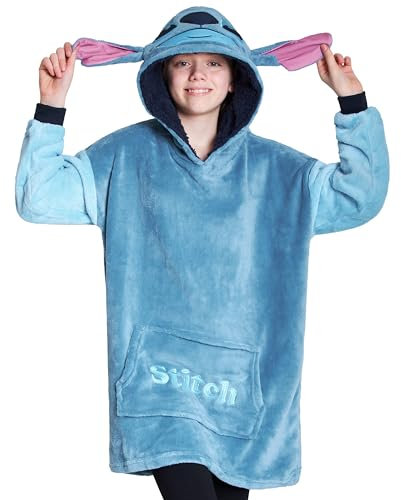 Disney Hoodie Decke Mädchen, Kuscheldecke mit Ärmeln, Fleece Kapuzenpullover, Hoodie Mädchen Geschenke (Blau Stitch)