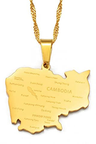 Kambodscha Karte Halskette,Kambodschanische Karte Anhänger Geometrischer Schmuck Amulett Für Frauen Männer,Patriotische Ornamente Schmuck,Gold,60 cm Kette