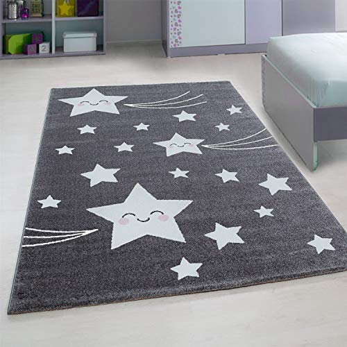 Miovani Sternenmotiv Kinderteppich Kinderzimmer Babyzimmer Flachflorteppich Grau 80x150