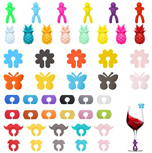 SPOKKI Segna Bicchieri Calici, 46 Pezzi Segna Bicchiere Riutilizzabili Segnabicchieri, Segnabicchieri, Identificatore del Bicchiere di Vino Silicone per Bicchiere da Vino Cocktail (6 Stili)