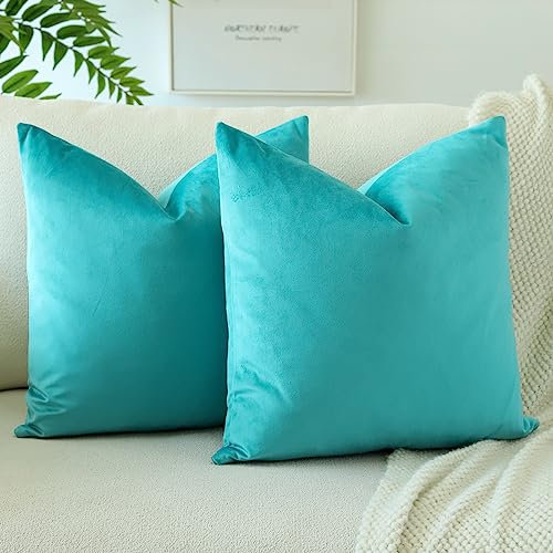 JOTOM Samt Kissenbezug Kissenhülle Sofakissen Dekokissen Kissenbezüge für Sofa Wohnzimmer Schlafzimmer 2er Set 60x60 cm Türkis