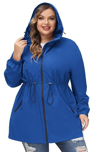 Hanna Nikole Manteau Imperméable Long À Capuche Pour Femme - Coupe-Vent Léger Et Imperméable Avec Fermeture Éclair Veste De Sport Avec Poches Bleu Royal 50