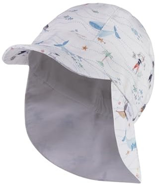 Sterntaler Schirmmütze mit Nackenschutz Maritim für Jungen - Baby Mütze mit UV -Schutz 30 - Schirmmütze Baby mit Druckmuster - Sonnenkappe aus Baumwolle - weiß, 49