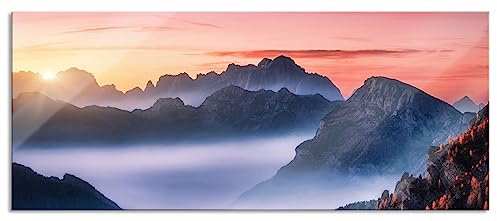 Pixxprint Glasbild Panorama, Wandbild aus Echtglas, Vernebelte Berge bei Sonnenaufgang, 120x50 cm, inkl. Aufhängung und Abstandshalter