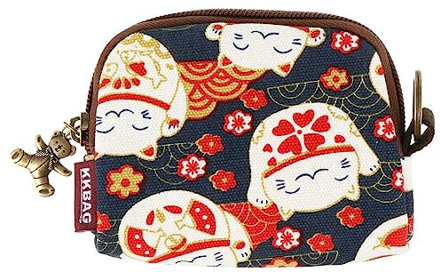 GALPADA Style Porte-Monnaie Maneki Neko Lucky Fortune Cat Coin Bag Canvas Money Mini Wallet with Bear Pendant Zipper Pouch