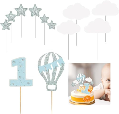 AZWOOD 12pcs Happy 1st Birthday Cake Topper First Baby Happy Birthday Shower Party Supplies Glitter Hot Air Balloon Star White Cloud Single Sided Cake Decoration for Kids Boy Girl