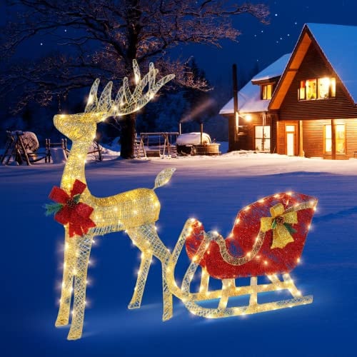 Bonnlo Lighted Reindeer and Sleigh Christmas Outdoor Decorations Pre-lit 180 LED Lights, Weather Proof Sleigh with Lights Deer Set Indoor Home Outdoor Yard Decor