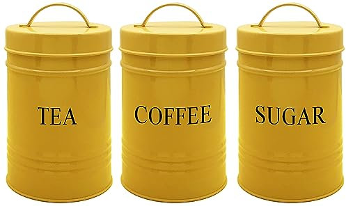 Nobel Set of 3 Kitchen Storage Tea Coffee Sugar Canisters,Storage, Powder Coated Ideal for Coffee Granules, Tea Leaves & Bags & Sugar Cubes (Yellow)