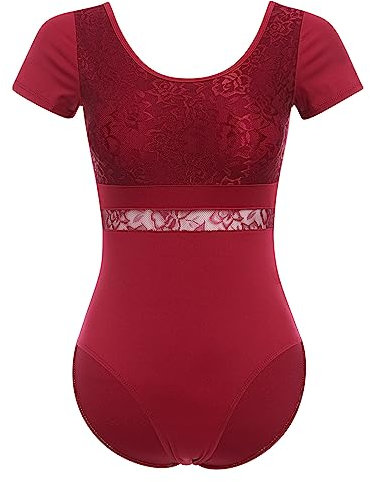 FYMNSI Damen Ballettanzug Ballettbody Sport Yoga Tanz Body Gymnastikanzug Trikot Kurzarm Bodysuit Spitze Einteiler Turnanzug Leotards Overall Oberteile Tops Elegant Ballett Bekleidung Dunkelrot S