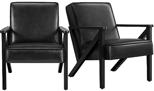 Yaheetech Fauteuil de Salon Lot de 2 en Similicuir Fauteuil d’appoint avec Cadre en Bois Pieds et Accoudoirs en Forme de Z Siège de Bureau Chambre Réception Noir