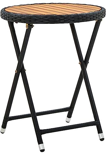FIRBNUS Teetisch Schwarz 60cm Polyrattan und Massivholz Akazie Couchtisch Bistrotisch Holztisch Rattan Tisch Rund Gartentisch Klapptisch