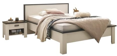 Furn.Design Schlafzimmer Set 2 teilig in weiß Pinie und grau/anthrazit mit Einzelbett Liegefläche 140 x 200 cm und Nachttisch Schlafzimmermöbel im Landhaus/Industrial Stil Stove (Set 2)